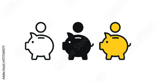 Minimalist piggy bank icons with coin in monochrome and yellow