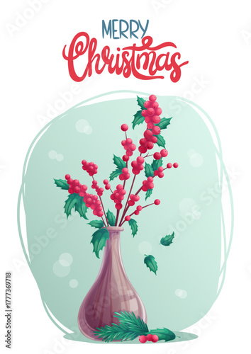 A template forfor the design of Christmas and New Year greeting cards. Christmas holly branches with blue-green leaves and red berries in a vase. Vector illustration 