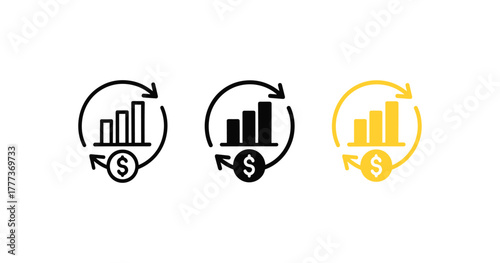 Growth cycle icons: arrow and dollar sign with bar chart in three styles
