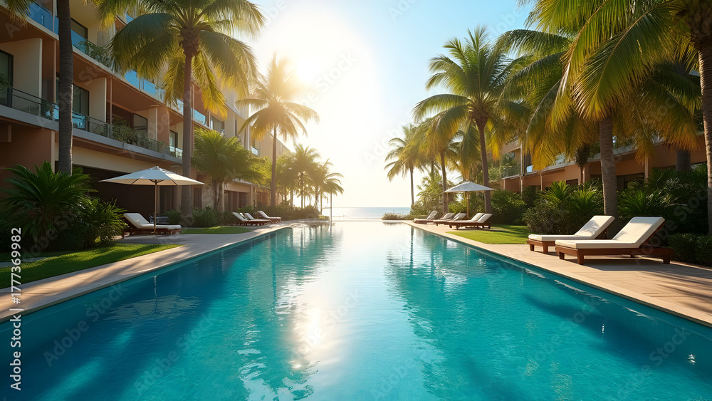 Fototapeta premium Idyllic Tropical Resort Pool with Palm Trees and Ocean View at Sunset