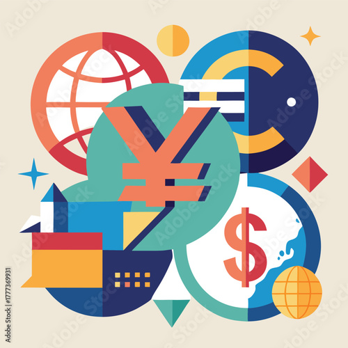 Global Finance And Business Icons Collage With Currency Symbols, Globe, And Digital Elements
