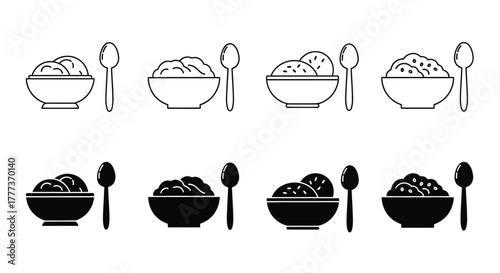 Black and white line art depictions of bowls of food with spoons