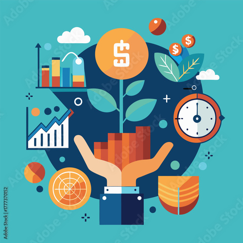 Growing Business Growth Concept With Plant Symbol, Finance Icons, And Time Element Illustration For Investments