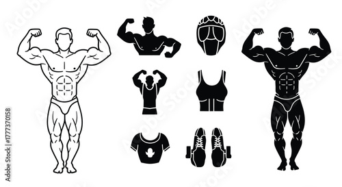 Black and white illustrations showcasing athletic figures and fitness related gear