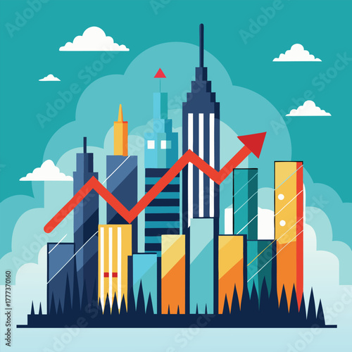Stylized City Skyline With Growth Arrow and Upward Trend for Business and Finance Imagery