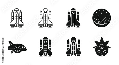 Collection of space exploration icons depicting rockets spacecraft and planets