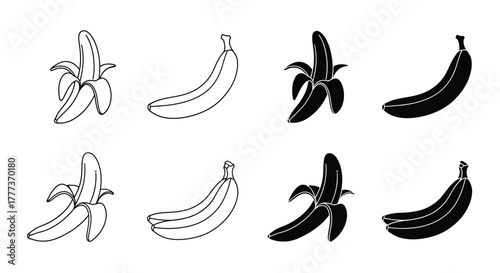 Various banana illustrations in differing styles and shades of black and white