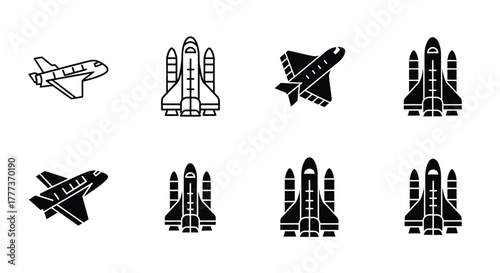 Collection of various black silhouette space travel vehicles and aircraft icons