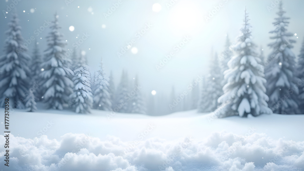 Fototapeta premium Serene winter landscape with snow-covered pine trees and soft snowfall background