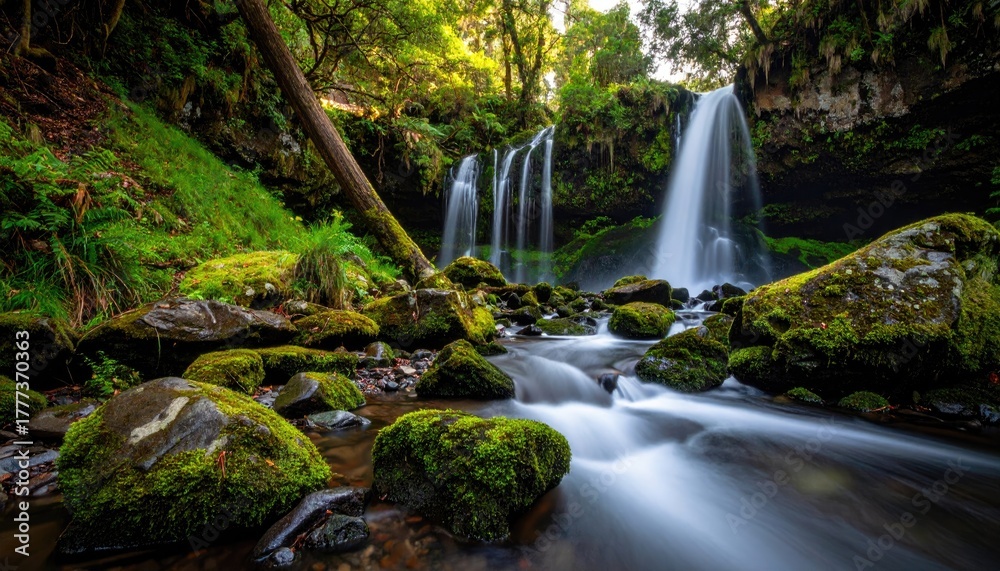 Naklejka premium Lush green forest with a cascading waterfall and moss covered rocks in dappled sunlight