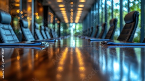Long polished conference table surrounded by black leather chairs