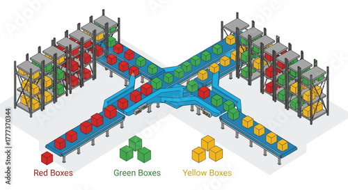 Isometric view of a multi colored box sorting and distribution system
