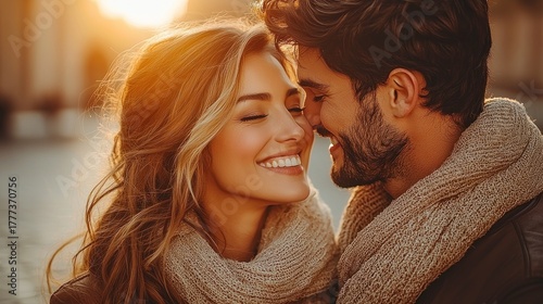 Loving couple embrace in warm golden light, smiling eyes closed