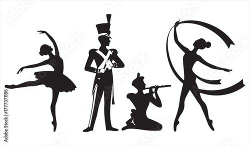 Silhouette illustration of ballet dancer, musician, and performer in motion