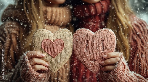 Loving couple holding knitted hearts in snowy winter weather