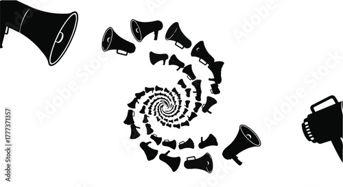 Abstract spiral of black megaphones on white background symbolizing communication and influence