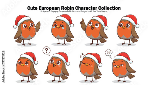 Collection of cartoon European Robin characters wearing Santa hats, displaying various emotions and poses.