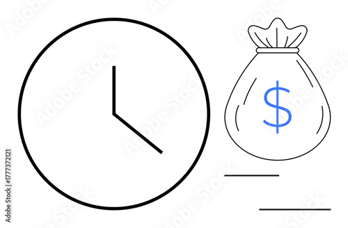 Clock with prominent hands next to a bag marked with a dollar sign. Ideal for time management, productivity, financial planning, budgeting, efficiency, prioritization, simple flat metaphor