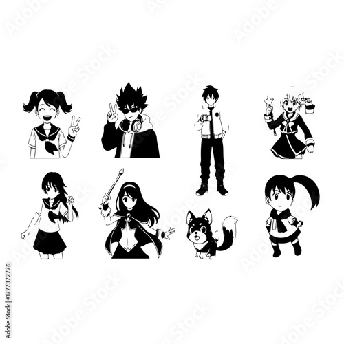 Anime & Manga Character Sticker Pack: Students, Mages, Stylish Boy, School Uniform Girls & Cute Shiba Inu Dog - Cartoon Illustration Decals for Fans, Scrapbooking, and Digital Art Projects