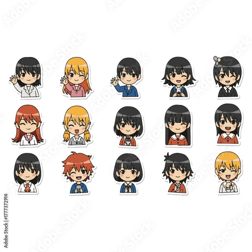 Anime Female Character Head Sticker Pack: Office Workers, Students, Waving, Winking & Diverse Hair Styles - Cute Manga Bust Illustrations for Emotes, Chat, and Business Vector Art