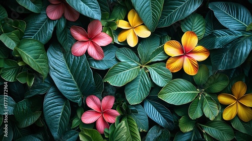 Lush foliage & colorful tropical flowers
