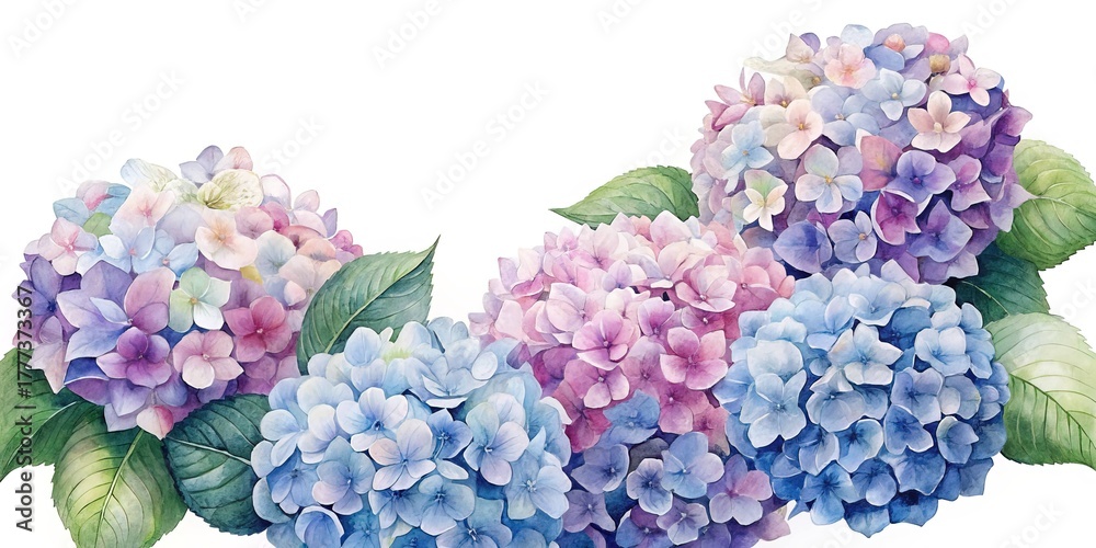 Obraz premium Watercolor blue pink purple hydrangea flower clusters on white