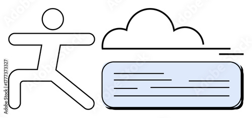 Stick figure in yoga stance, cloud imagery, and text block emphasizing clarity, serenity, balance, focus, wellness, mindfulness and effective communication. Ideal for relaxation positivity simple