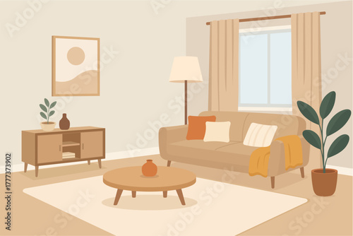 Cozy Scandinavian Hygge Living Room Interior in Modern Flat Design