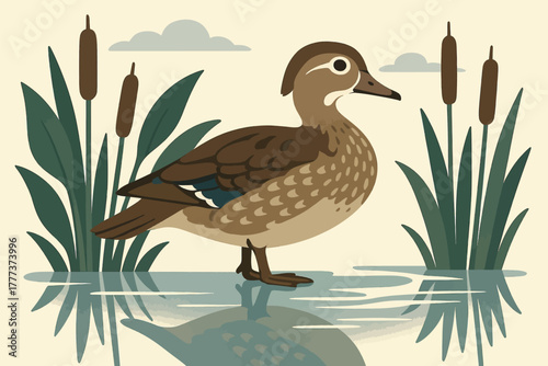 Wild Duck Standing in Wetland Marsh Nature Illustration