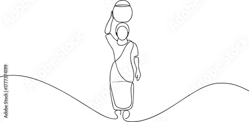 Woman carrying water pot on head single line drawing