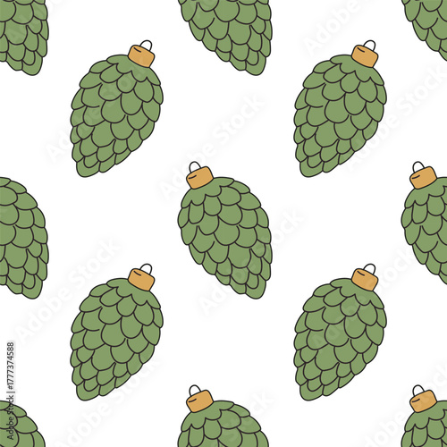 Decorative green pinecone ornaments create an attractive pattern on a white background for holiday celebrations and seasonal decor
