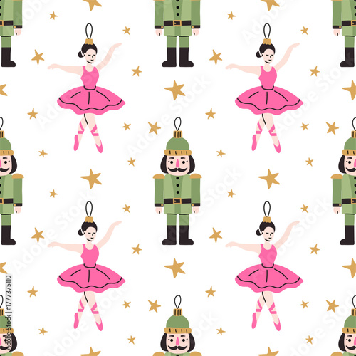 Colorful ballet dancers and nutcracker pattern with stars for festive decoration and design inspiration