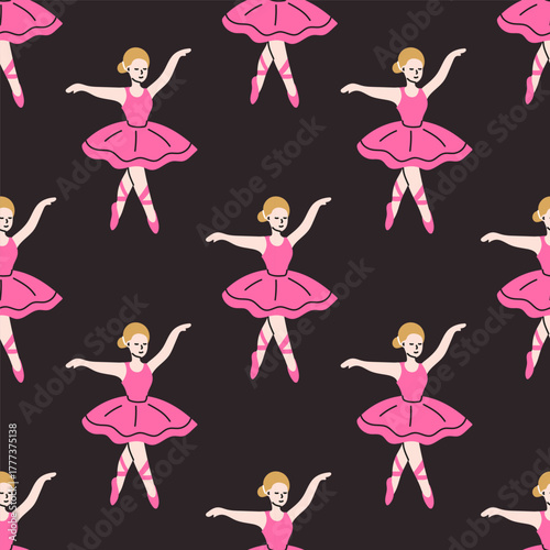 Colorful pattern featuring dancing ballerinas in pink tutus on a dark background, suitable for fabric or wallpaper designs