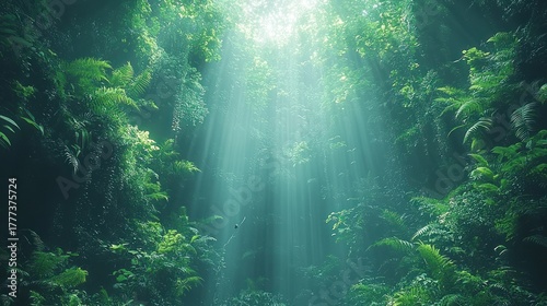 Lush jungle canopy with radiant sunbeams shining through leaves