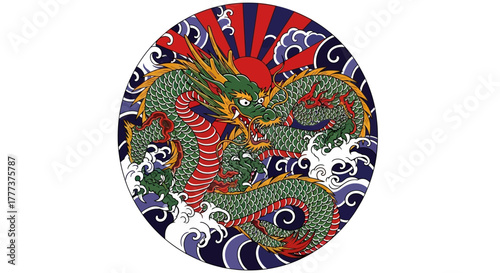 Detailed depiction of a dragon coiled around a sun, immersed in cultural richness and fantasy art