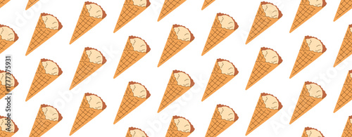 Hand drawn seamless pattern with scoop of classic vanilla ice cream, soft gelato in waffle cone on white background. Wallpaper National Ice Cream Day. Flat Vector illustration EPS10