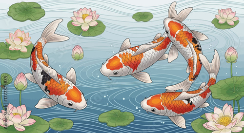 Elegant koi fish swimming peacefully among water lilies in serene blue pond setting