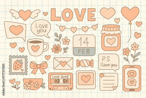 Set of valentines day stamp and cute journal vector tape and postage doodle. Ideal for planners and gifts with pastel doodles by hand or vector. Romantic clipart set for invites and journals.