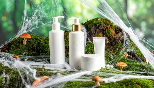 Cosmetic products on moss with spiderwebs and mushrooms in a forest setting.