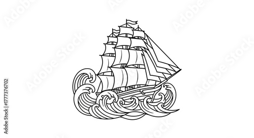 Monochrome line art depicting a majestic sailing ship navigating through turbulent seas with