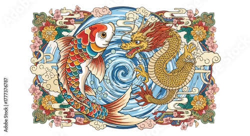 Mythical union of golden dragon and koi carp in artistic asian traditional design style