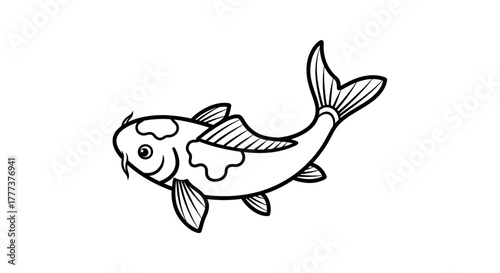 Elegant black and white drawing depicting a traditional koi fish design in motion