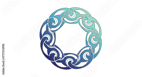 Blue intertwined circle design evoking water with gradient shades on a white layout
