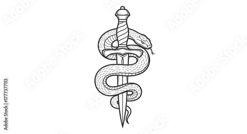 Intricate line art featuring a snake entwined around a dagger, symbolizing power and mystery