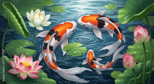 Serene water garden depicting harmonious koi fish and blooming lotus flowers