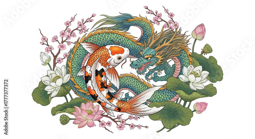 Dragon and Koi Fish Artful Depiction with Floral Elements in Asian Tradition