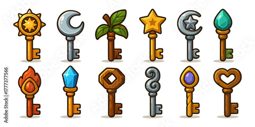 Keys cartoon icons ,magic, fantasy, treasure, lock, symbol