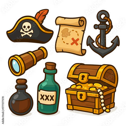 Pirate treasures cartoon icons ,map, anchor, gold, adventure, sea