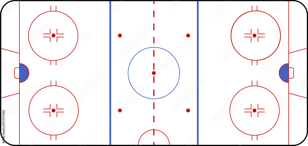 Naklejka premium Hockey rink. Hockey field. International Ice Hockey Rinks standard Dimensions and Sizes. Field hockey pitch top view illustration. Field hockey Size and Dimension Drawing Illustration.