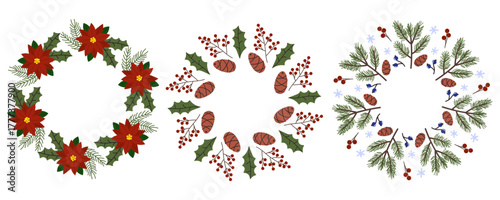 Festive winter wreath designs featuring red poinsettias and seasonal greenery in a cheerful arrangement